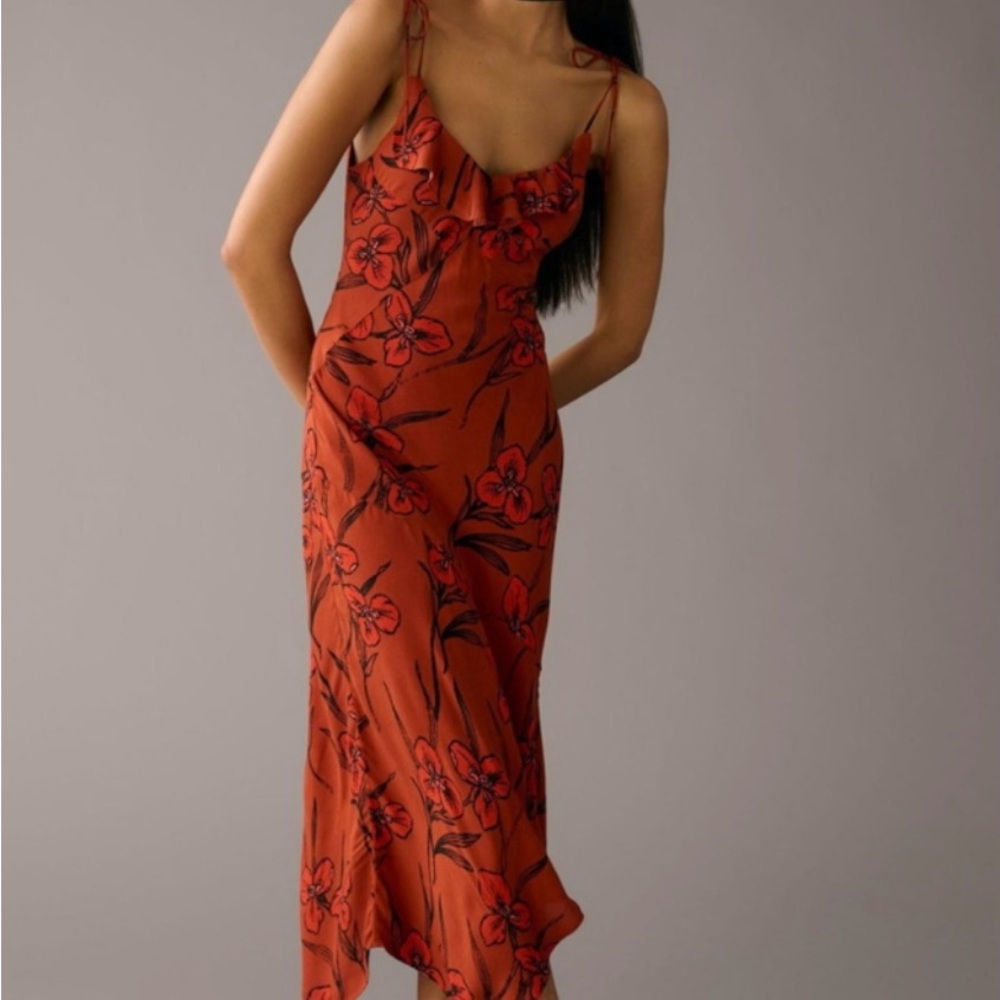 Anthropologie Terracotta and Black Floral Midi Dress